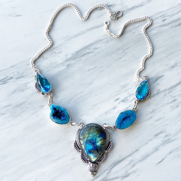 925 Sterling silver Labradorite & druzy necklace - Picture 5 of 8